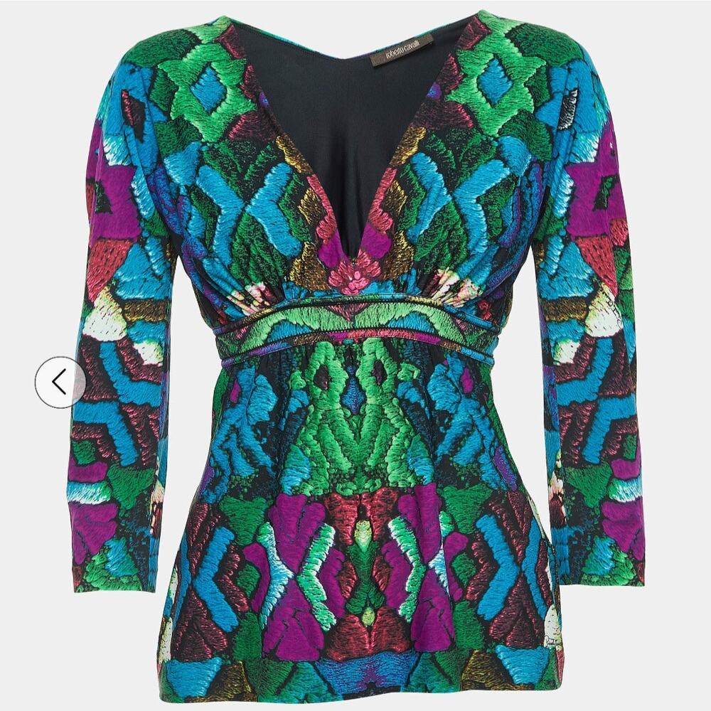 Roberto Cavalli Blue Green Multicolored Print Stretch Knit V-Neck Top Size XS